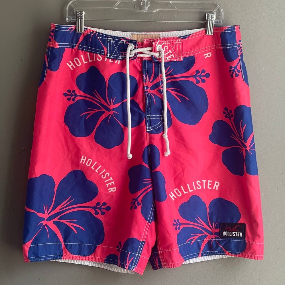 Hollister Mens L Board Shorts Pink Blue Floral 100% Polyester Hibiscus 9" Inseam